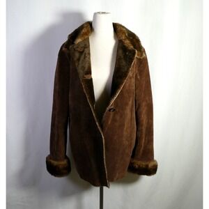 VTG New York Co Womens Y2K Leather Penny Lane Coat Size M Faux Fur Lined Boho